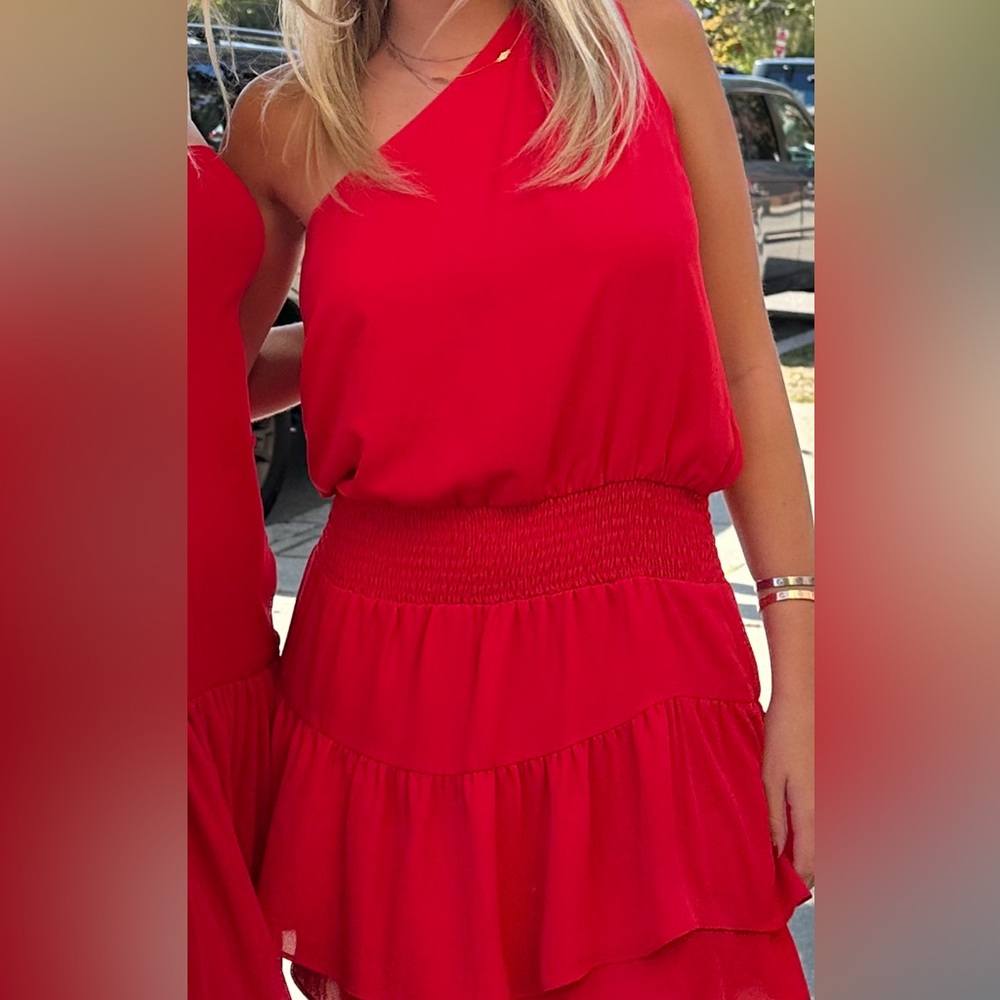 Asymmetric One-Shoulder Red Camisole with Ruffled Hem